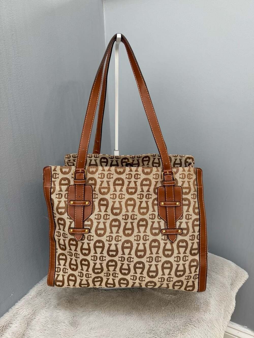 Etienne Aigner Logo Monogram Canvas Leather Tote Bag Brown Tan
